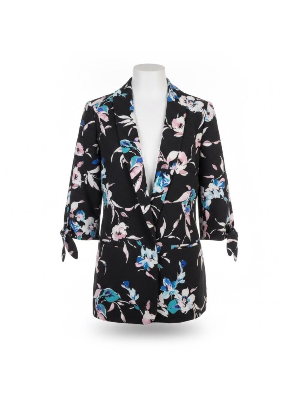 Lane Bryant Womens Black Flora Strech Blazer 3/4 Sleeve Tie Cuffs Size 14/16